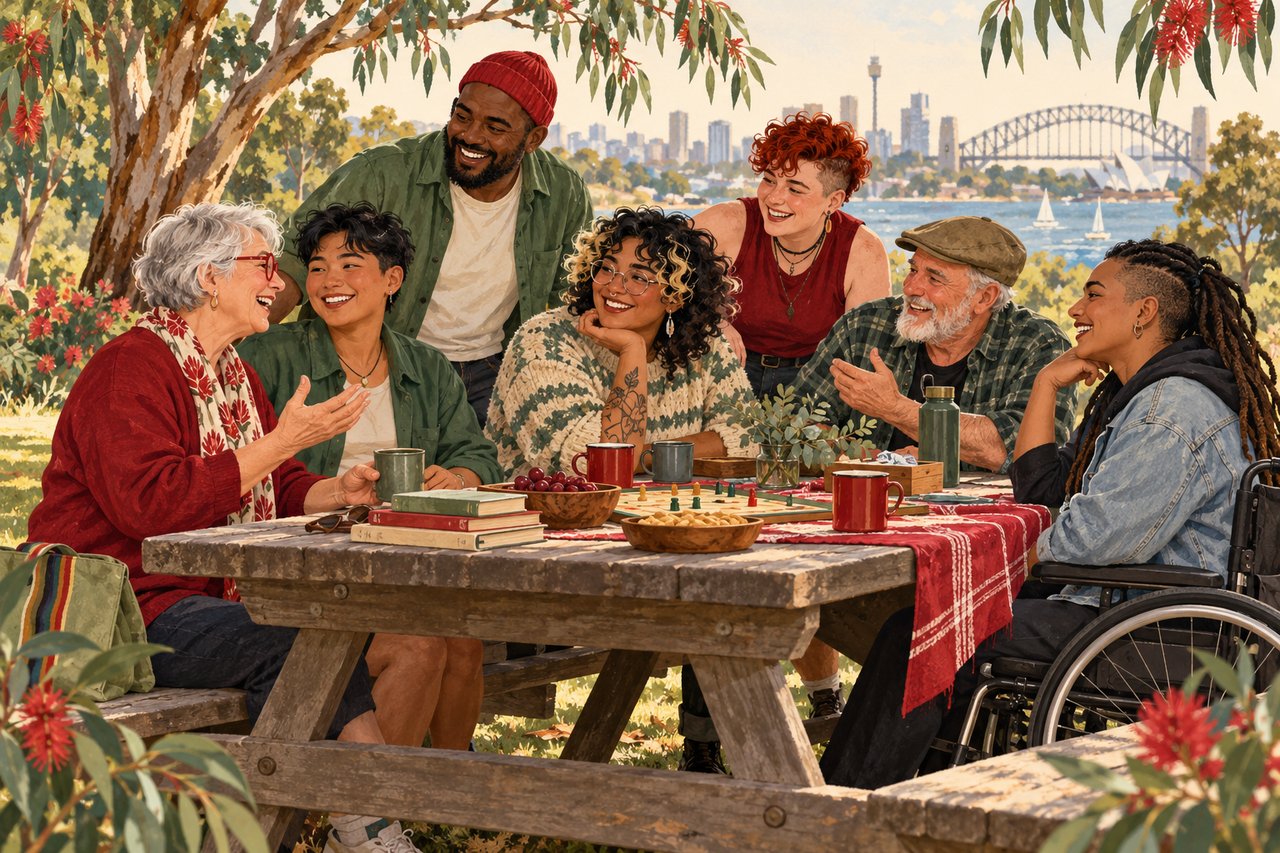 Illustration of a multigenerational community group sharing games and conversation in a park
